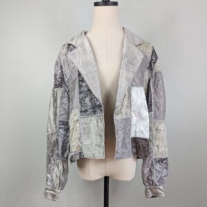 Y2K Patchwork Velvet Jacket XS Gray Silver Lace 90s Eclectic Artsy Whimsigoth